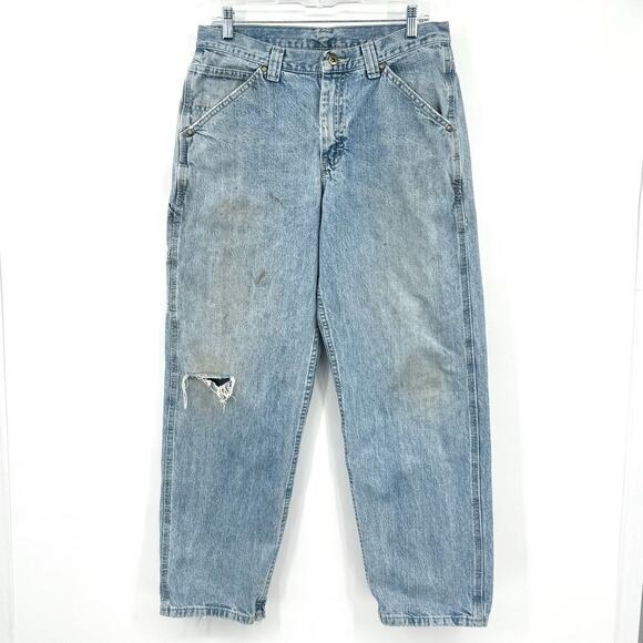 VTG Lee Dungarees Thrashed Distressed Carpenter Jeans Mens Size 32x30 Light Wash - Picture 1 of 12